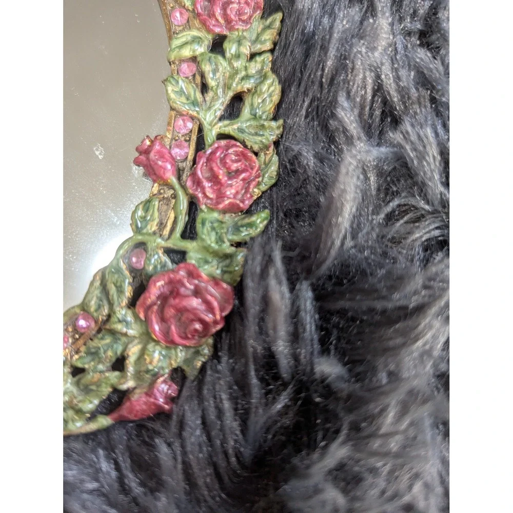 Vintage Ornate Rose Hand Mirror Gold Tone Pink Rhinestone Floral Vanity‎
